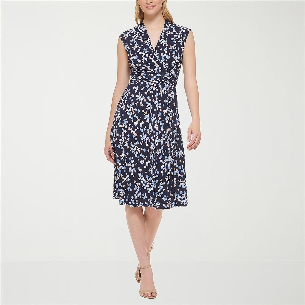 MSRP $84 Jessica Howard Womens 14 Petite Navy Multi V Neck Midi Dress Sleeveless